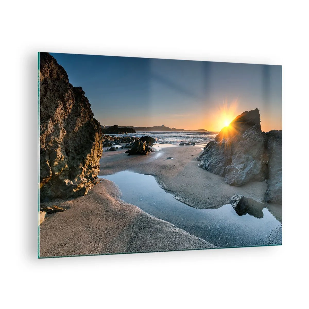 Glass picture - Beach at sunrise with picturesque rocks and water - 70x50cm - Untouched by Human Hand - Modern wall decoration for the living room and bedroom ARTTOR