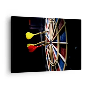 Canvas picture - A dartboard with hit darts on a black background - 70x50cm - On Point - Modern wall decoration for the living room and bedroom ARTTOR