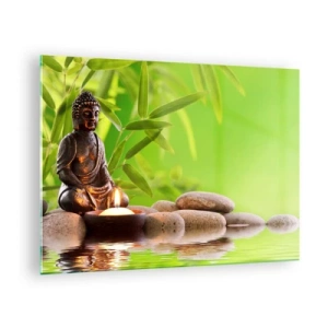 Glass picture - A Buddha figure with a lit candle in a green setting - 70x50cm - Life Is Beautiful - Modern wall decoration for the living room and bedroom ARTTOR