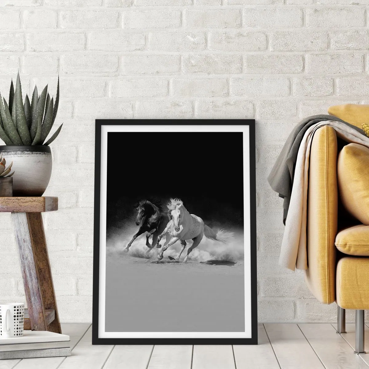 Poster in black frame - Galloping horses against a monochromatic backdrop - 50x70cm - Gallop of Freedom - Modern wall decoration for the living room and bedroom ARTTOR