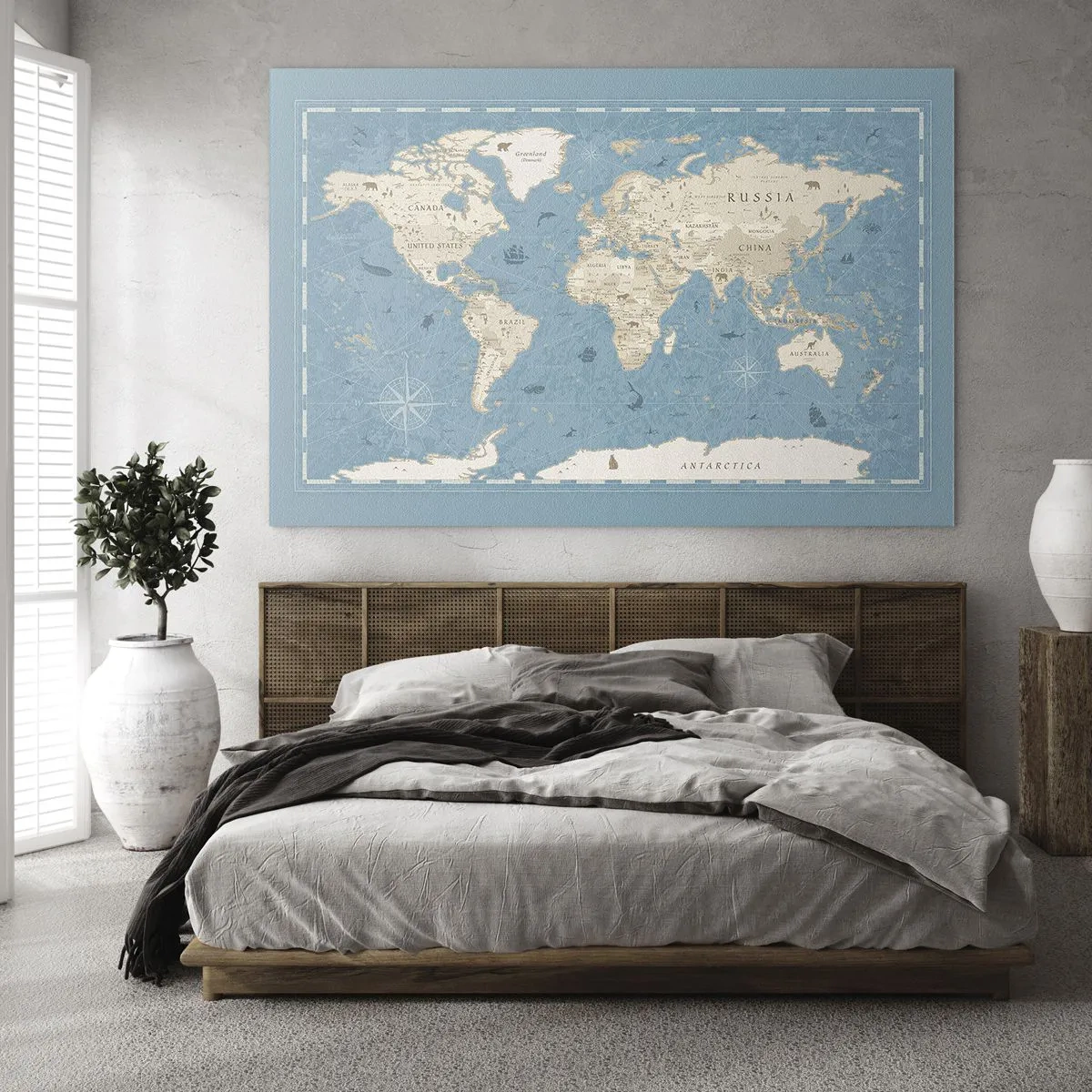 Glass picture - Stylized world map on a blue background - 70x50cm - World Within Your Fingertips - Modern wall decoration for the living room and bedroom ARTTOR