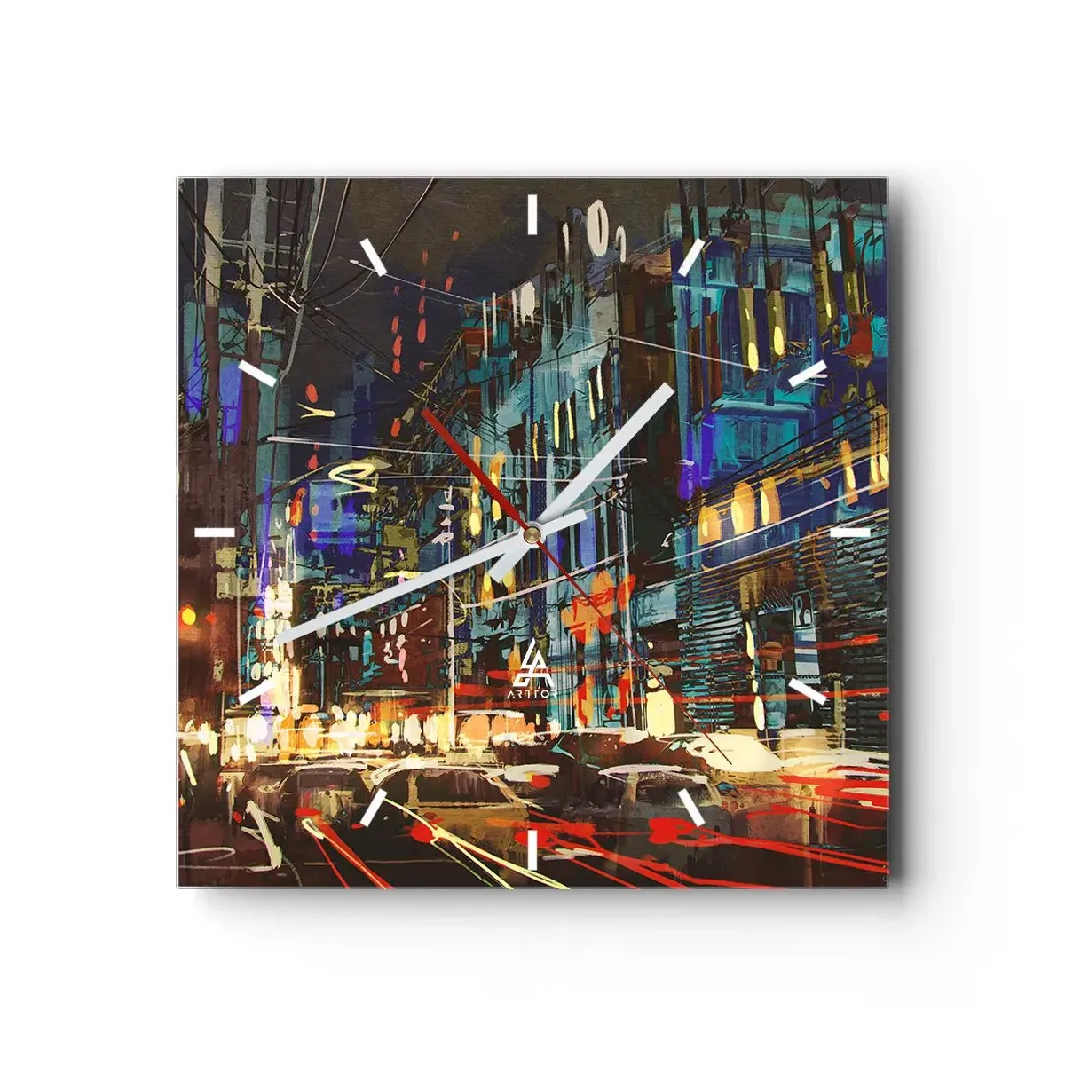 Wall clock - Clock on glass - Evening Street Bustle - 40x40 cm