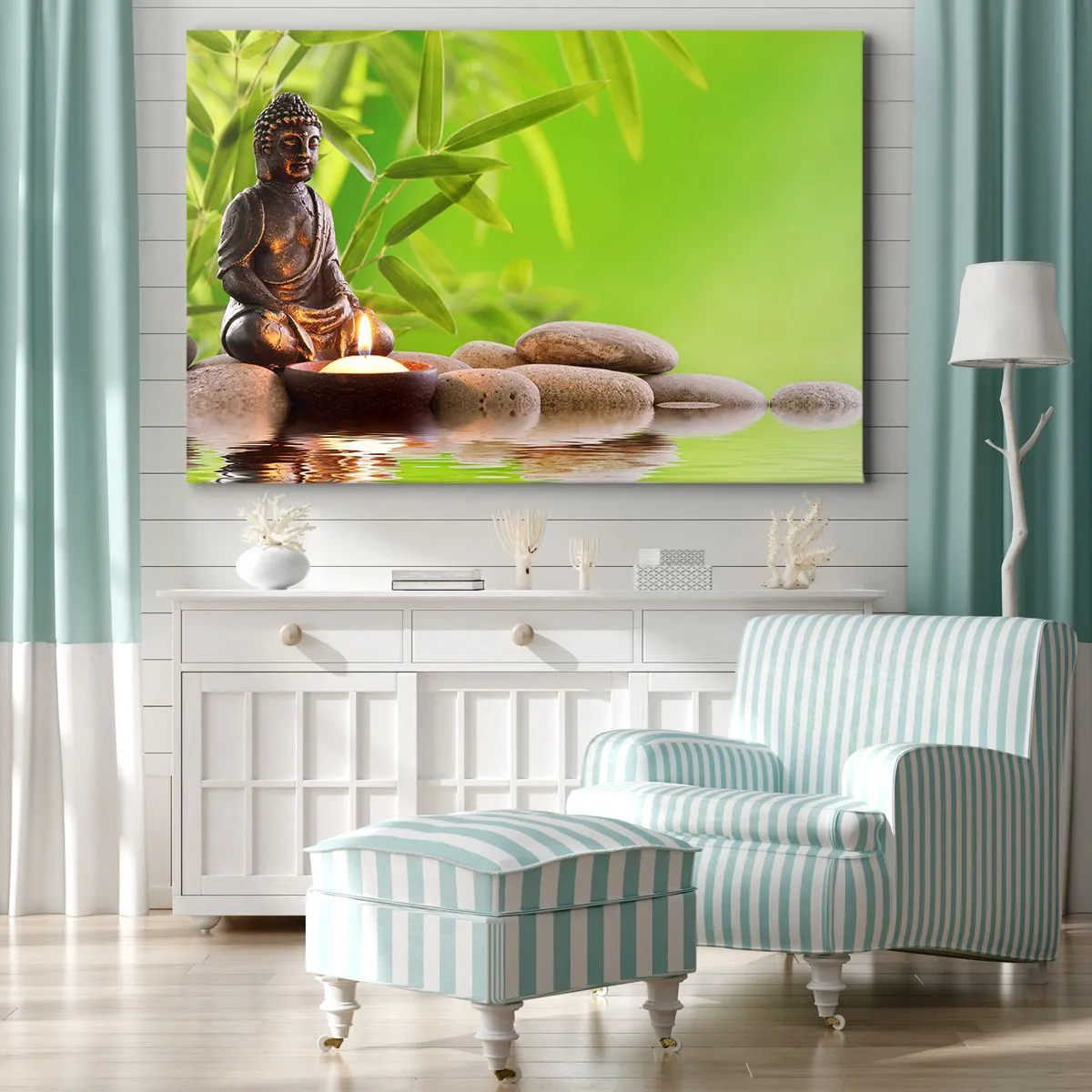 Canvas picture - Buddha figure with stones and a candle against a bamboo background - 70x50cm - Life Is Beautiful - Modern wall decoration for the living room and bedroom ARTTOR