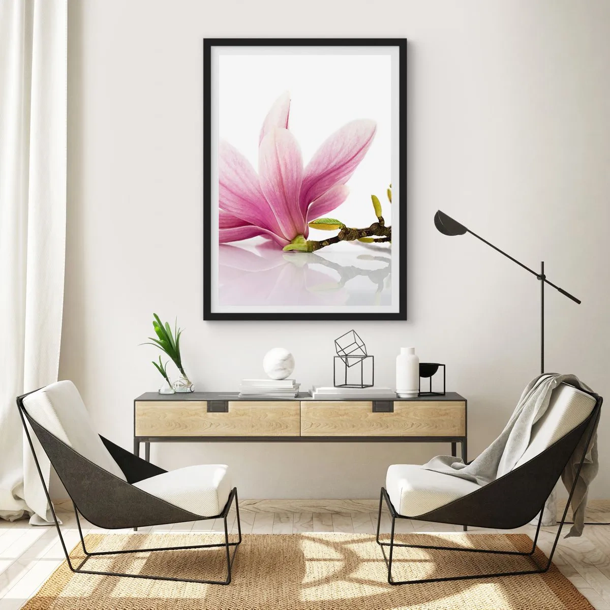 Poster in black frame - Pink magnolia flower on a branch with a white background - 50x70cm - Delicate Like a Spring Breeze - Modern wall decoration for the living room and bedroom ARTTOR