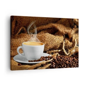 Canvas picture - A cup of coffee surrounded by a bag of coffee beans - 70x50cm - Smell of a Mocha and Density of a Honey Drink - Modern wall decoration for the living room and bedroom ARTTOR