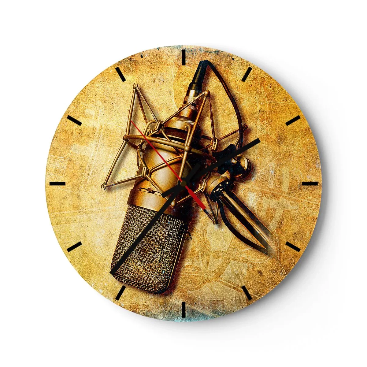 Wall clock - Clock on glass - A studio microphone motif on a gold-toned background - 30x30cm - Golden Years of the Radio - Modern wall decoration for the living room, kitchen, and bedroom ARTTOR