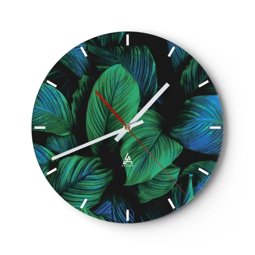 Wall clock - Clock on glass - Dark green and blue leaves in a dense composition - 30x30cm - In a Green Crowd - Modern wall decoration for the living room, kitchen, and bedroom ARTTOR