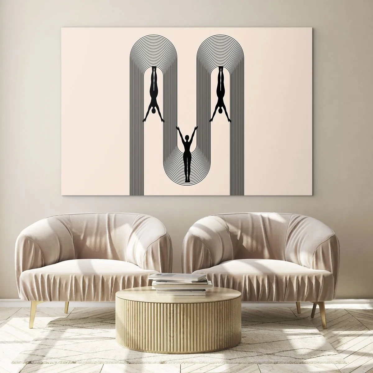 Glass picture - Black silhouettes of figures suspended in rhythmic arcs - 70x50cm - Upside Down - Modern wall decoration for the living room and bedroom ARTTOR