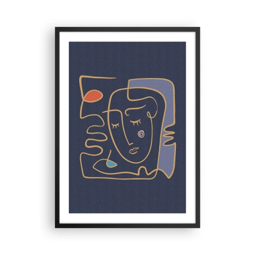 Poster in black frame - Minimalist abstract face on a navy blue background in line art style - 50x70cm - Deeply In Thoughts - Modern wall decoration for the living room and bedroom ARTTOR