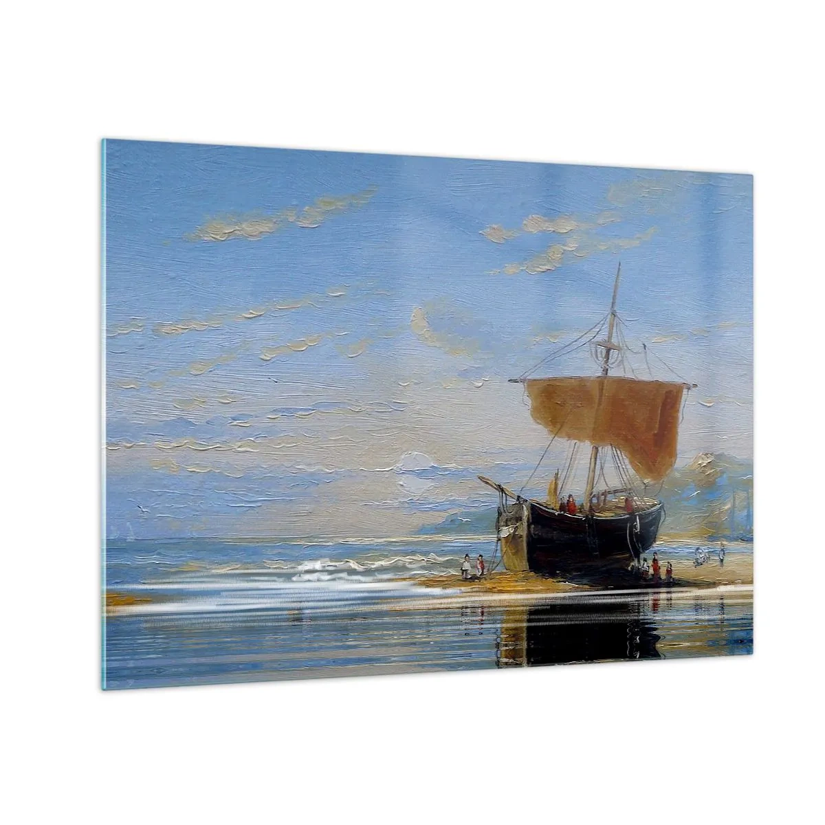 Glass picture - A ship with a sail by the shore in a painterly style - 70x50cm - Water, Earth, Air - Modern wall decoration for the living room and bedroom ARTTOR