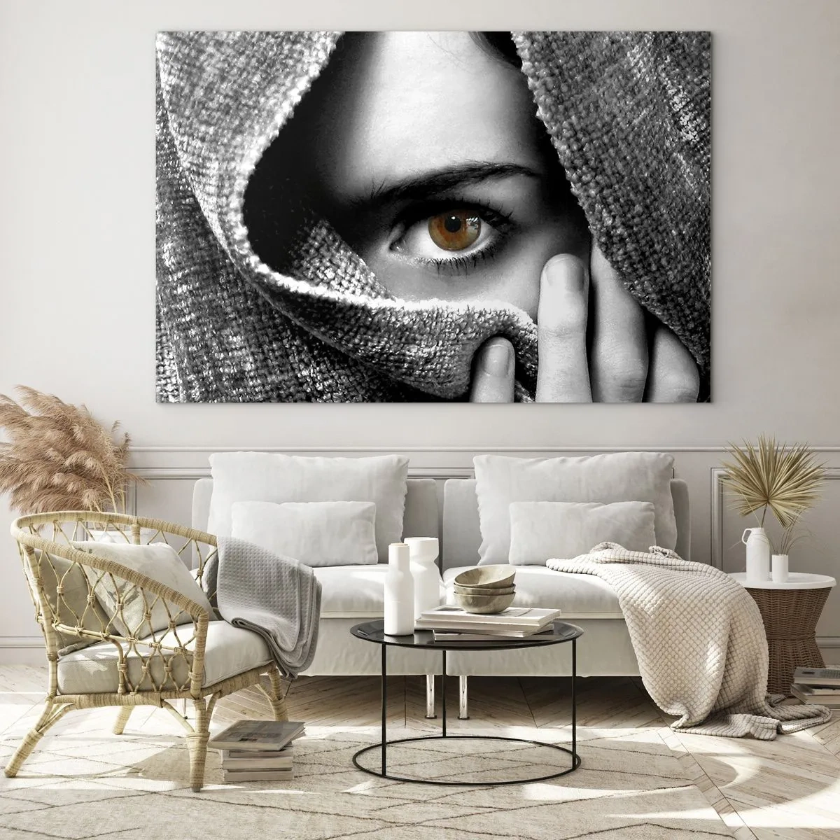 Glass picture - One eye hidden behind a monochromatic fabric texture - 70x50cm - Know the Secret - Modern wall decoration for the living room and bedroom ARTTOR