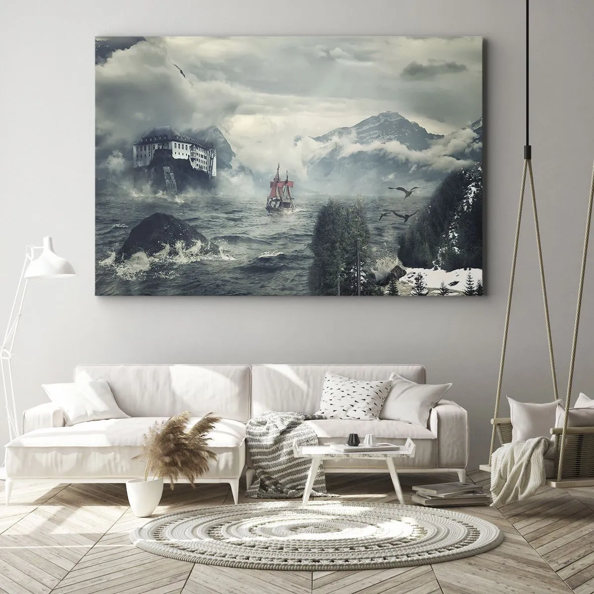 Canvas picture - mysterious landscape with a castle, mountains, and a ship - 70x50cm - On Magical Waters - Modern wall decoration for the living room and bedroom ARTTOR