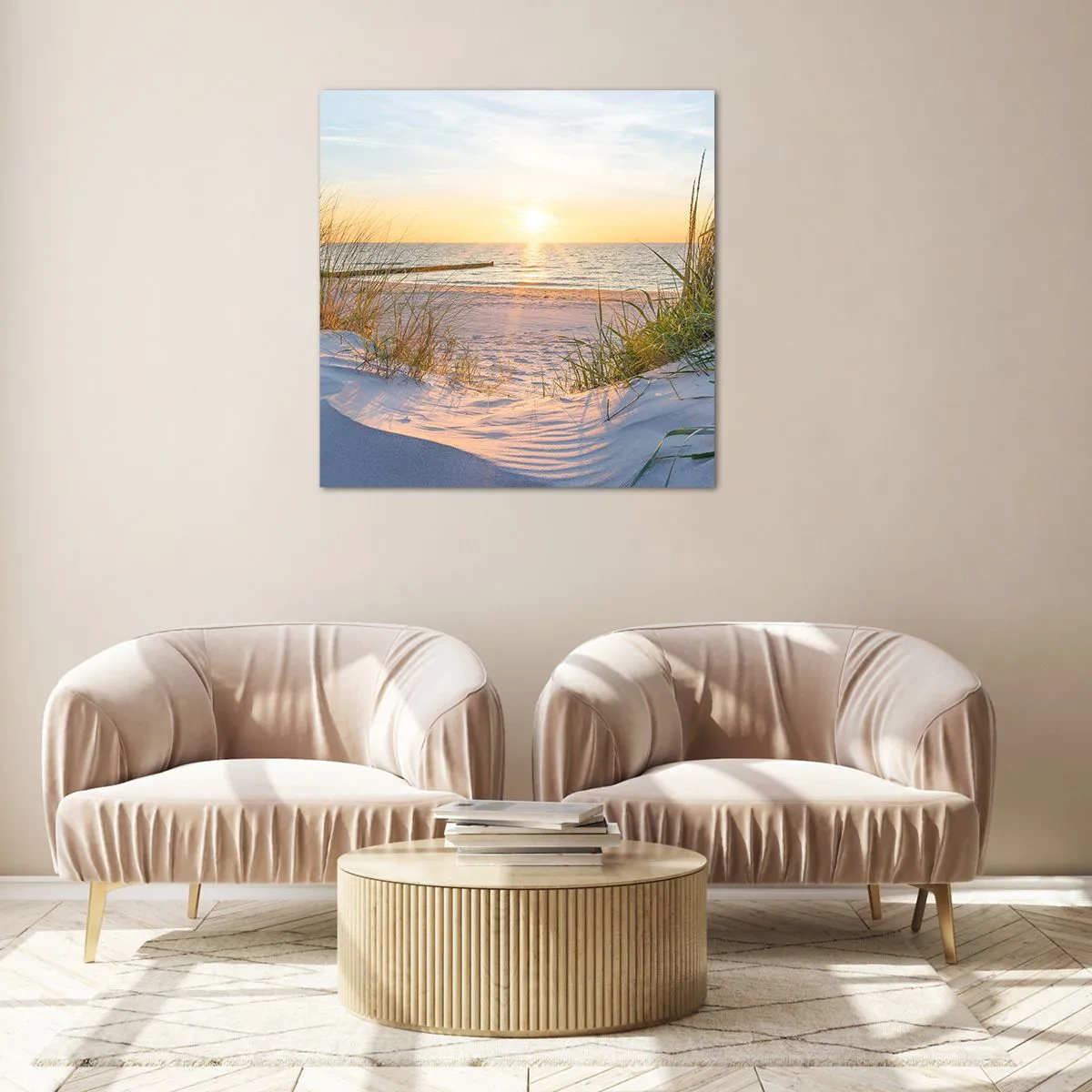 Glass picture - Sound of the Sea, Singing of the Birds, Wild Beach among Grass - 40x40 cm