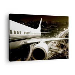Canvas picture - A plane over a night city with illuminated highways - 70x50cm - Flying into the Night - Modern wall decoration for the living room and bedroom ARTTOR