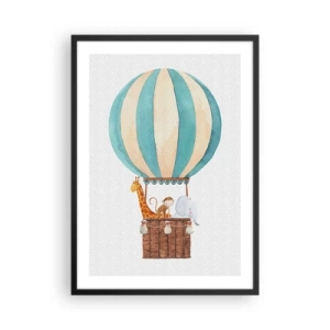 Poster in black frame - Watercolor illustration of a hot air balloon with cute animals - 50x70cm - Fantastic Trip - Modern wall decoration for the living room and bedroom ARTTOR