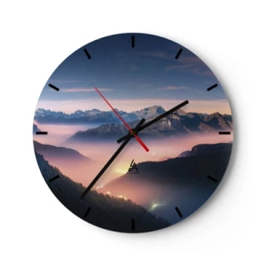 Wall clock - Clock on glass - Sunset over the mountains with the valley shrouded in fog and lights - 30x30cm - Light in the Valleys - Modern wall decoration for the living room, kitchen, and bedroom ARTTOR