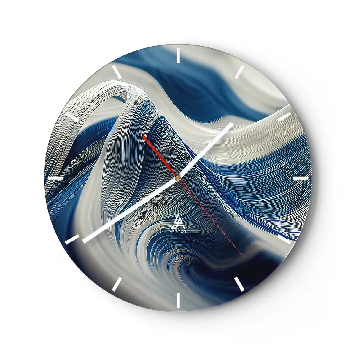Wall clock - Clock on glass - Dynamic swirls in shades of blue and white with a wavy arrangement - 30x30cm - Fluidity of Blue and White - Modern wall decoration for the living room, kitchen, and bedroom ARTTOR