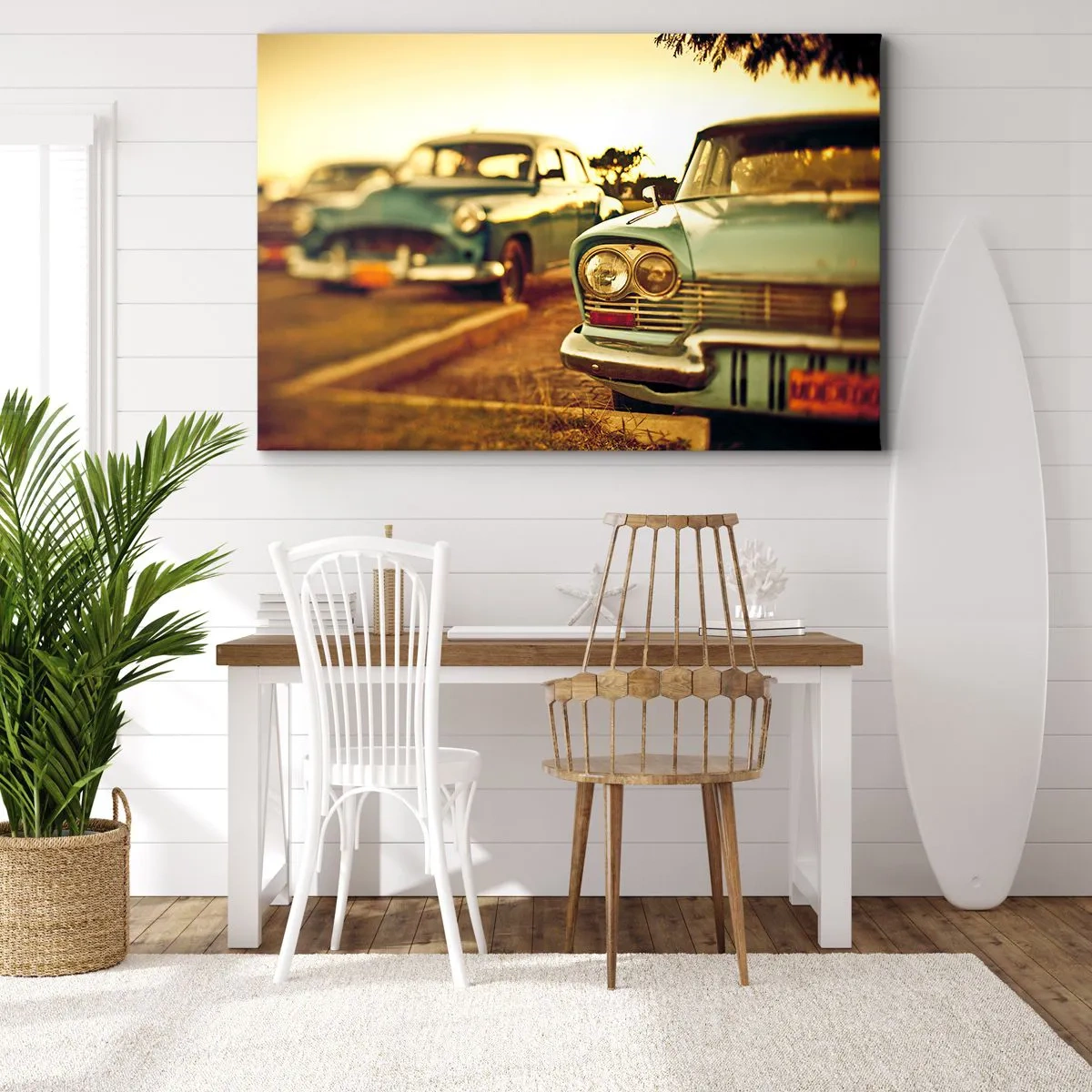 Canvas picture - Classic cars in the warm light of sunset - 70x50cm - We Wait and See - Modern wall decoration for the living room and bedroom ARTTOR