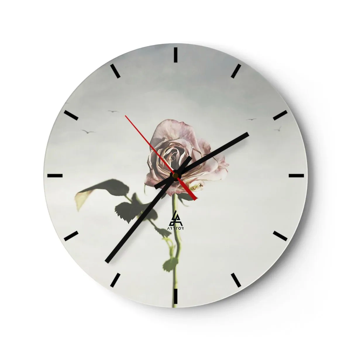 Wall clock - Clock on glass - A delicate rose on a light background with birds in the distance - 30x30cm - Welcoming of Spring - Modern wall decoration for the living room, kitchen, and bedroom ARTTOR