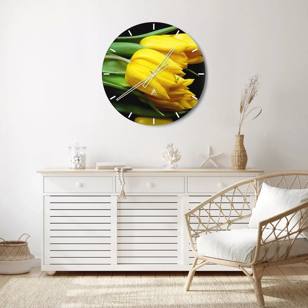 Wall clock - Clock on glass - Yellow tulips on a black background - 30x30cm - Born from the Sun - Modern wall decoration for the living room, kitchen, and bedroom ARTTOR