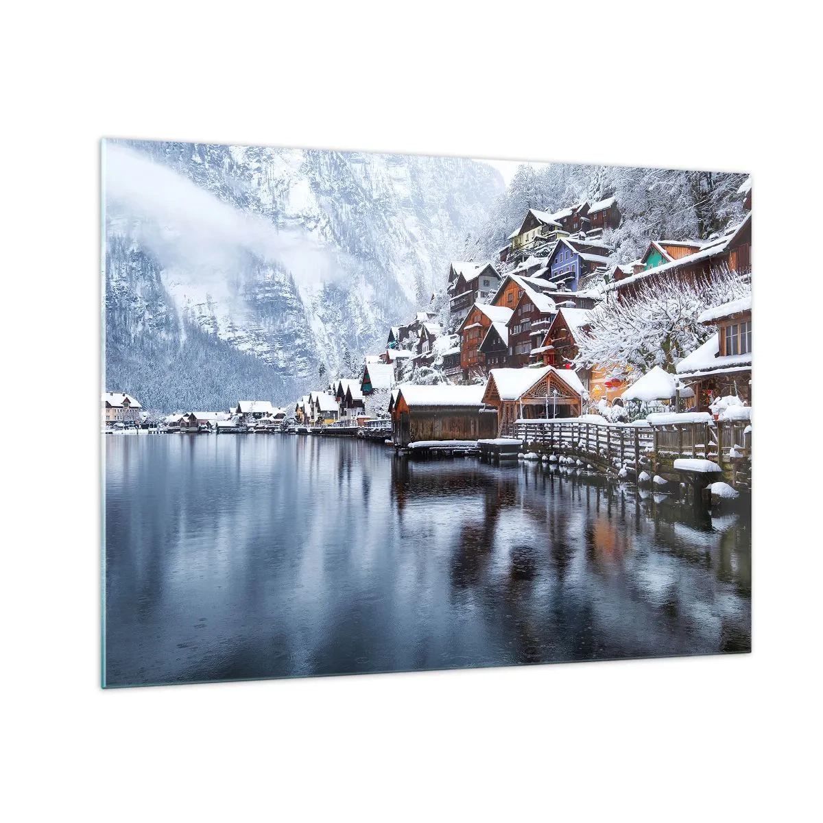 Glass picture - A mountain village by a lake, blanketed in snow in a winter landscape - 70x50cm - In Winter Decoration - Modern wall decoration for the living room and bedroom ARTTOR