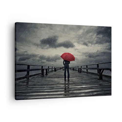 Canvas picture - A person with a red umbrella on a rainy pier - 70x50cm - Don't Mind the Rain - Modern wall decoration for the living room and bedroom ARTTOR