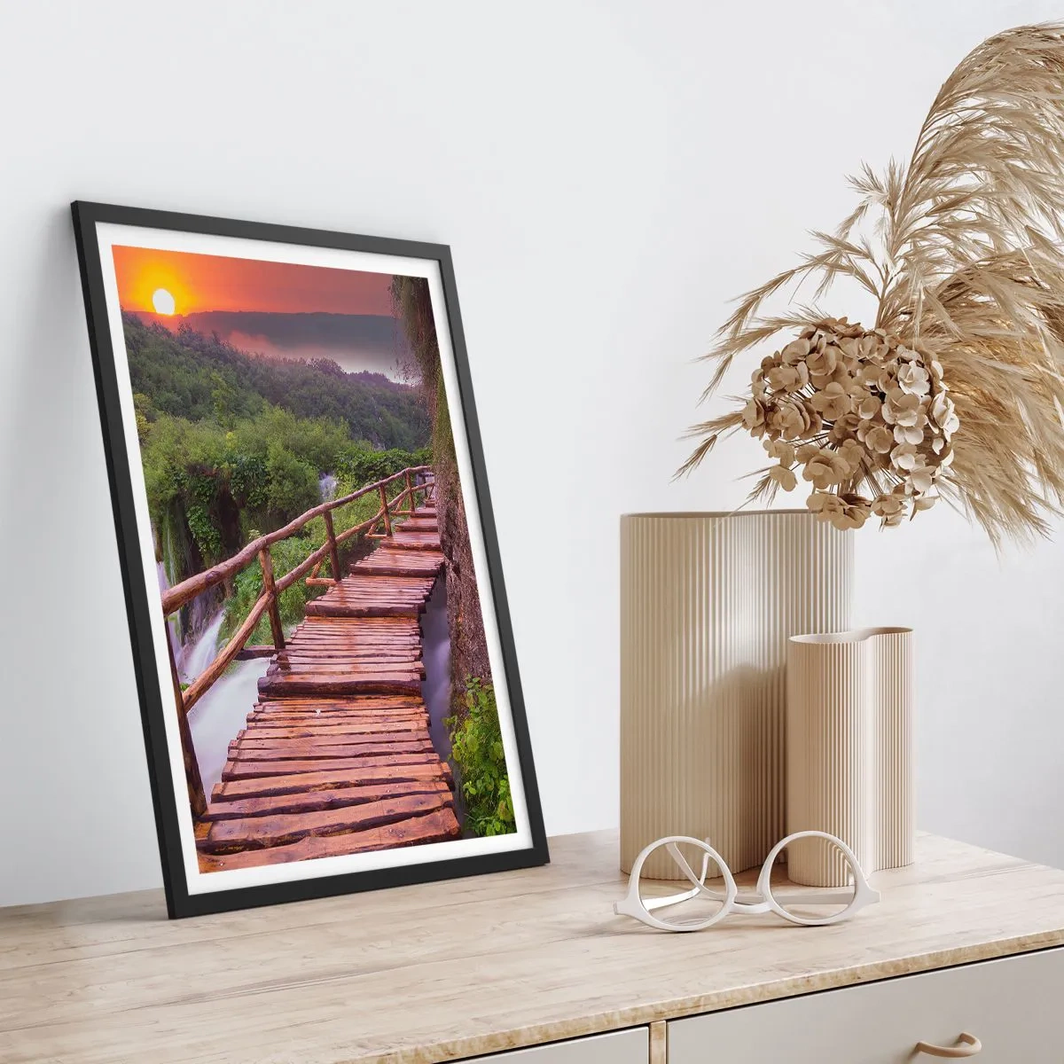 Poster in black frame - A wooden bridge among greenery and the setting sun - 50x70cm - Unbelievable Beauty - Modern wall decoration for the living room and bedroom ARTTOR