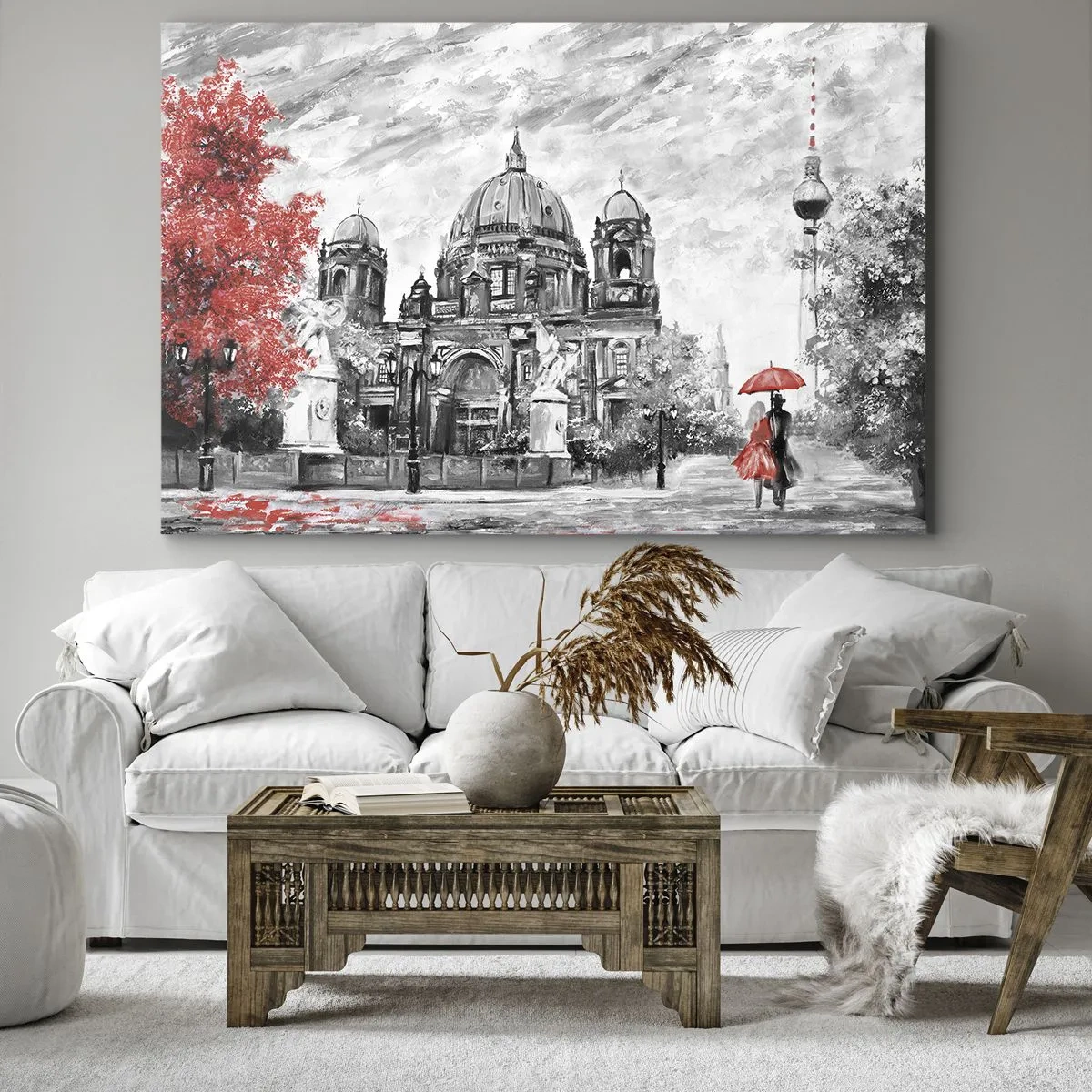 Canvas picture - Black and white scene with Berlin, a red umbrella, and a tree - 70x50cm - Berlin Encounter - Modern wall decoration for the living room and bedroom ARTTOR