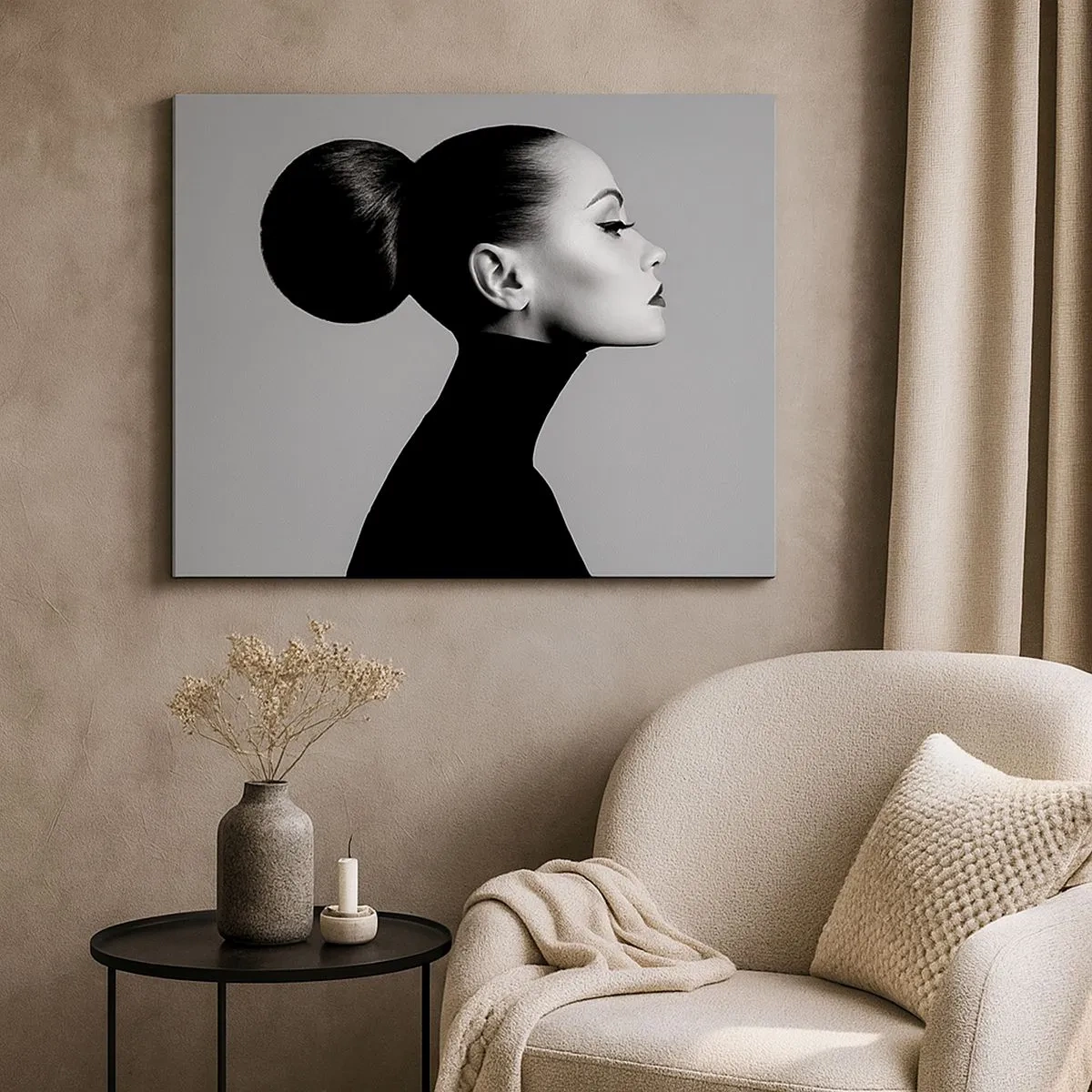 Canvas picture - Profile of a woman in black and white with an elegant bun - 70x50cm - Modern Nefretete - Modern wall decoration for the living room and bedroom ARTTOR