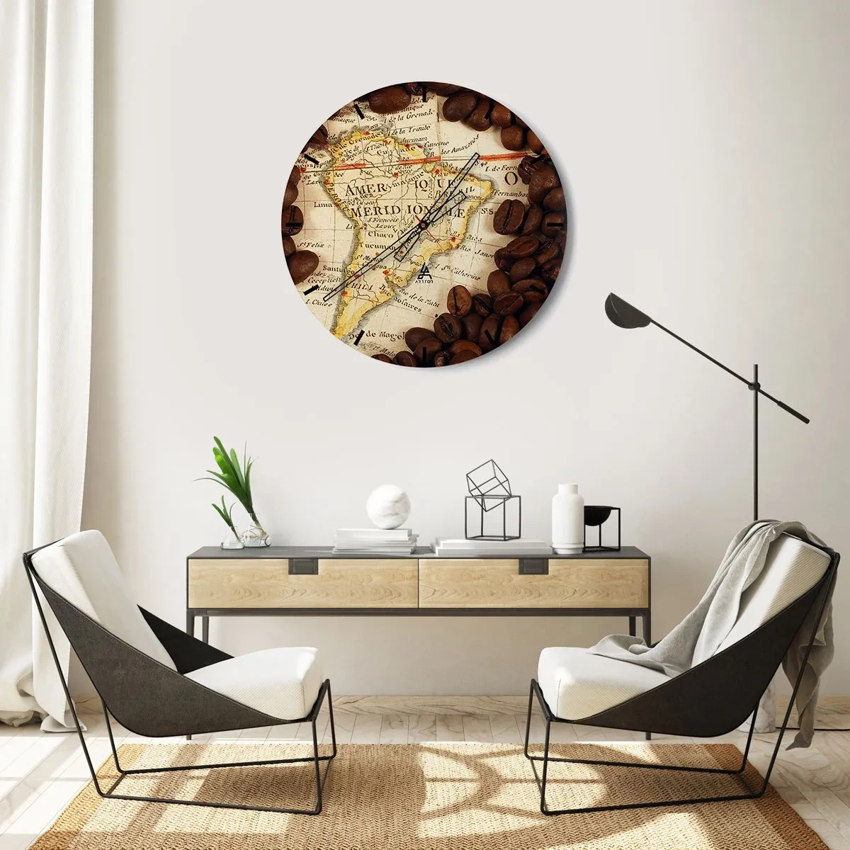 Wall clock - Clock on glass - Map of South America with coffee beans - 30x30cm - Where Does the Best Coffee Come from? - Modern wall decoration for the living room, kitchen, and bedroom ARTTOR