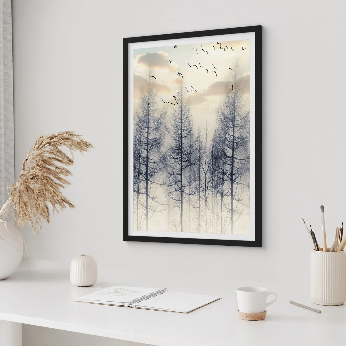 Poster in black frame - A misty forest with tall trees and flying birds in the morning - 50x70cm - Spirits of the Forest - Modern wall decoration for the living room and bedroom ARTTOR