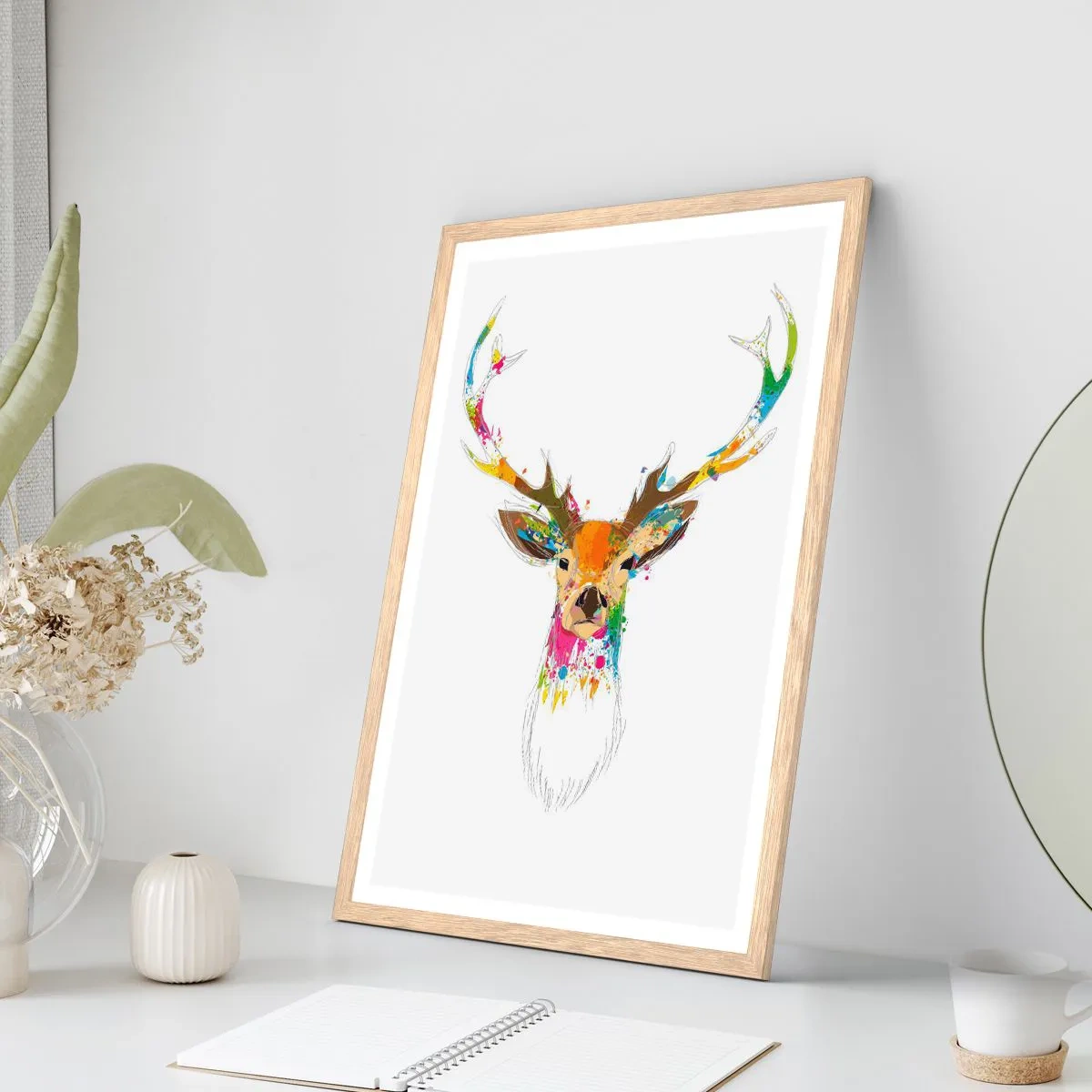 Poster in light oak frame - Deer Bathed in Colour - 30x40 cm