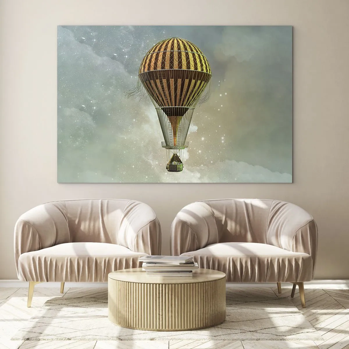 Glass picture - A stylized balloon against the background of a starry sky and clouds. - 70x50cm - Pioneer Flight - Modern wall decoration for the living room and bedroom ARTTOR