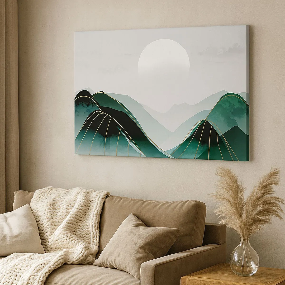 Canvas picture - Abstract mountain landscape with the moon and golden lines - 70x50cm - In Full Majesty - Modern wall decoration for the living room and bedroom ARTTOR
