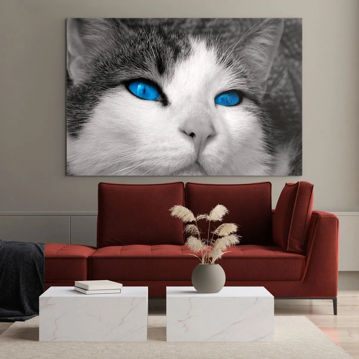 Glass picture - A black and white photo of a cat with intense blue eyes. - 70x50cm - Extremely Blue-eyed - Modern wall decoration for the living room and bedroom ARTTOR