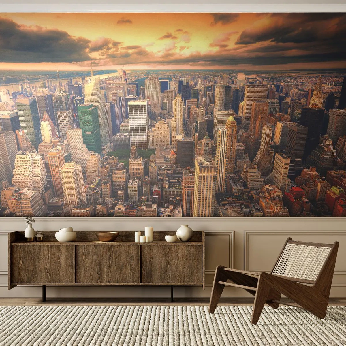 Photo Wallpaper Premium Sand - Metropolis in Gold - City, New York, Architecture - 100x70 cm