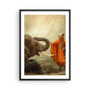 Poster in black frame - A monk in an orange robe with an elephant in the background - 50x70cm - Unexpected Meeting - Modern wall decoration for the living room and bedroom ARTTOR