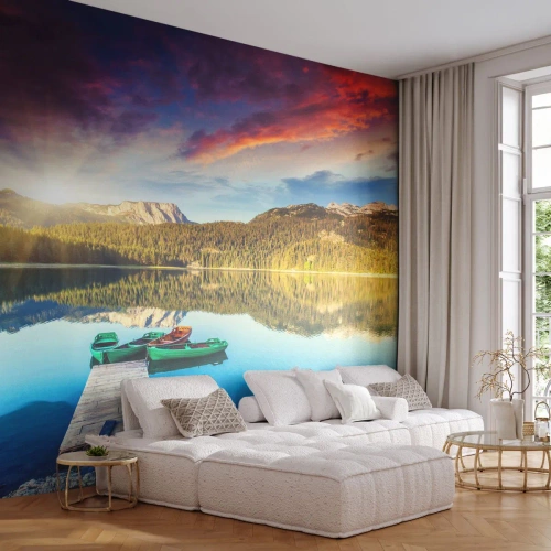 Photo Wallpaper Standard Eco - By Water Smooth as a Mirror - Landscape, Mountains, Forest - 200x140 cm