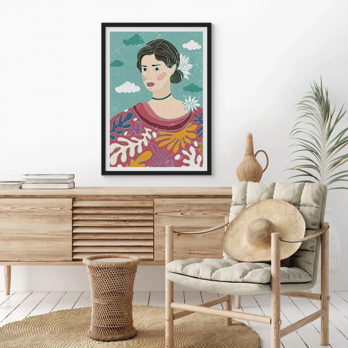 Poster in black frame - Portrait of a woman in a colorful, stylized dress against a background of clouds. - 50x70cm - With a Melancholic Look - Modern wall decoration for the living room and bedroom ARTTOR
