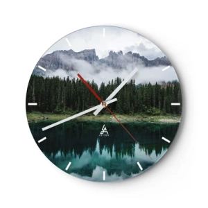 Wall clock - Clock on glass - Misty mountains and forest reflected in a calm mountain lake - 30x30cm - Quiet Please, Let's Not Wake Up Still Waters - Modern wall decoration for the living room, kitchen, and bedroom ARTTOR
