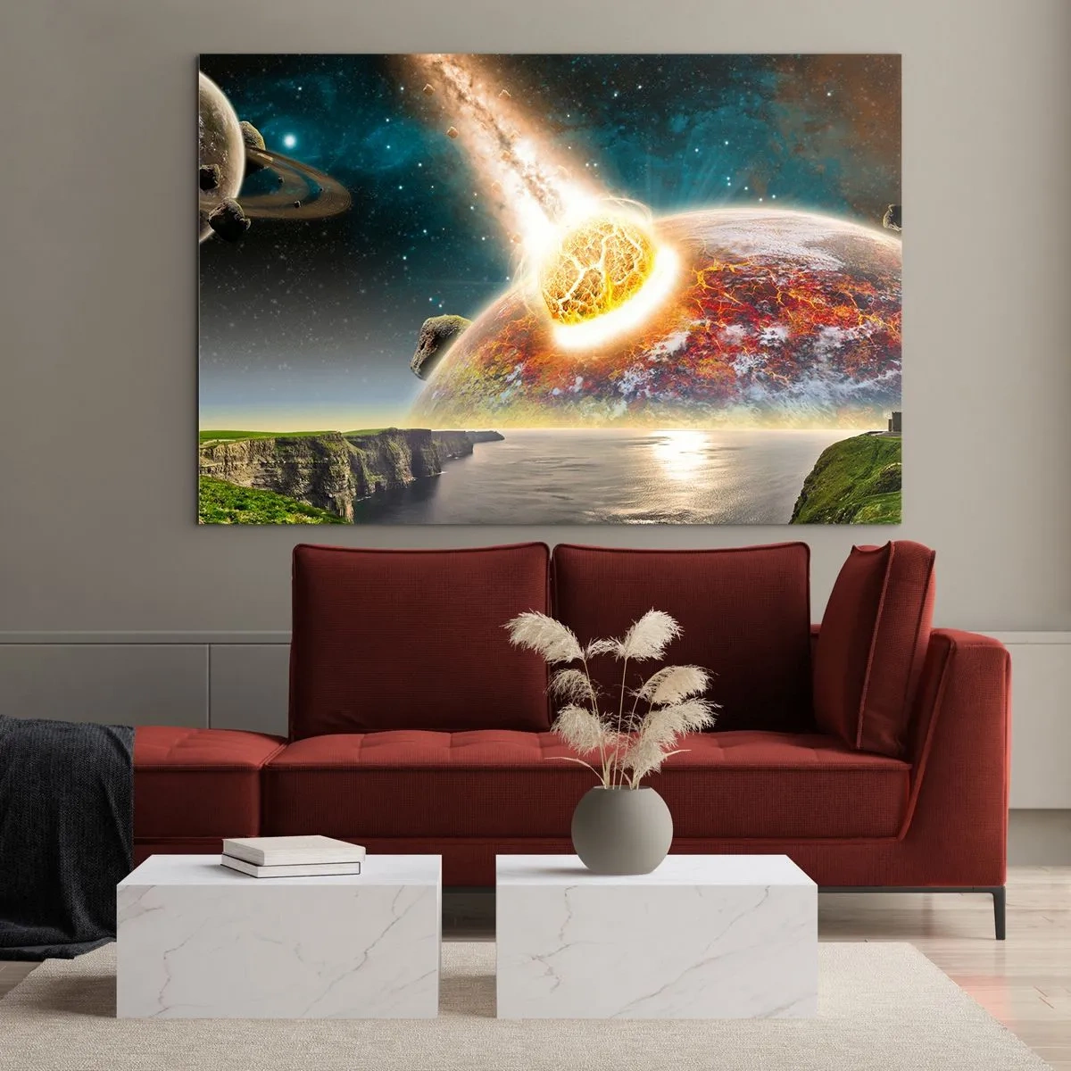 Glass picture - A meteorite collides with a planet in space. - 70x50cm - Space Drama - Modern wall decoration for the living room and bedroom ARTTOR