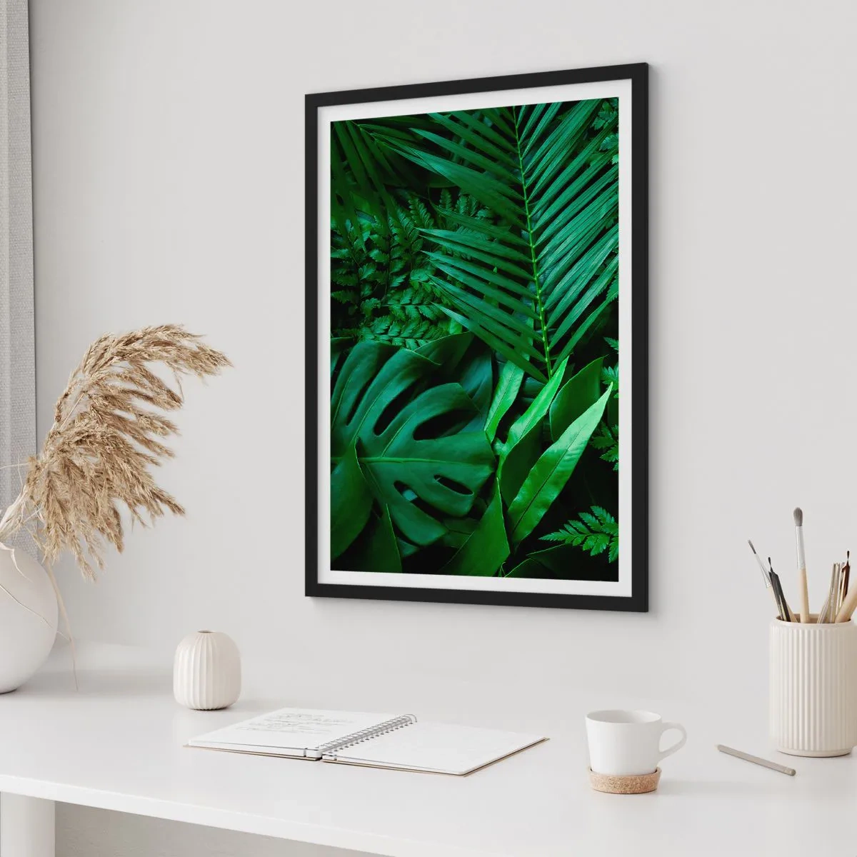 Poster in black frame - Green fern and palm leaves create a tropical pattern - 50x70cm - In a Green Hug - Modern wall decoration for the living room and bedroom ARTTOR
