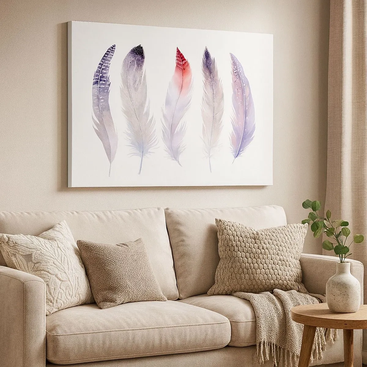 Canvas picture - Five delicate feathers in pastel shades on a light background - 70x50cm - Delicate Like Pink Fog - Modern wall decoration for the living room and bedroom ARTTOR