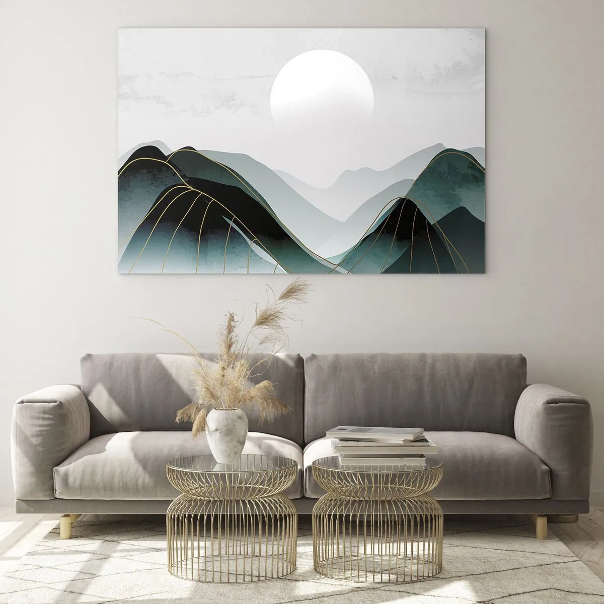 Glass picture - Mountain landscape with a white sun and golden lines - 70x50cm - In Full Majesty - Modern wall decoration for the living room and bedroom ARTTOR