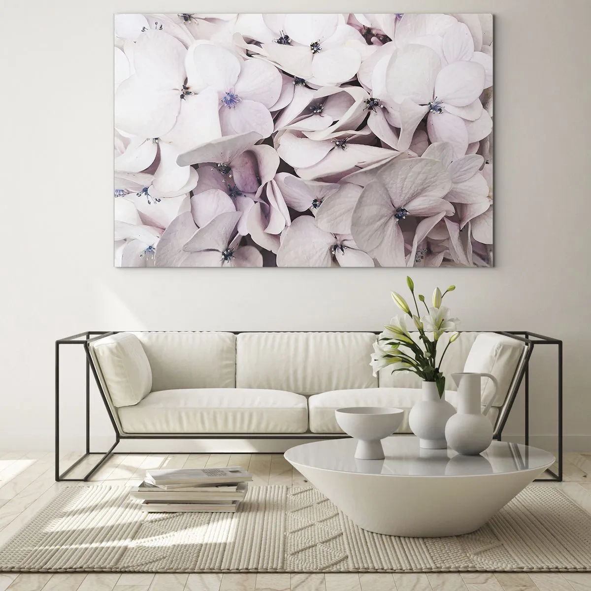 Glass picture - Delicate light pink hydrangeas in close-up - 70x50cm - In the Flood of Flowers - Modern wall decoration for the living room and bedroom ARTTOR