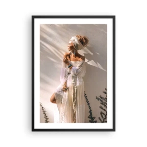 Poster in black frame - Stylish woman in a boho dress against a light wall - 50x70cm - Sun and Girl - Modern wall decoration for the living room and bedroom ARTTOR