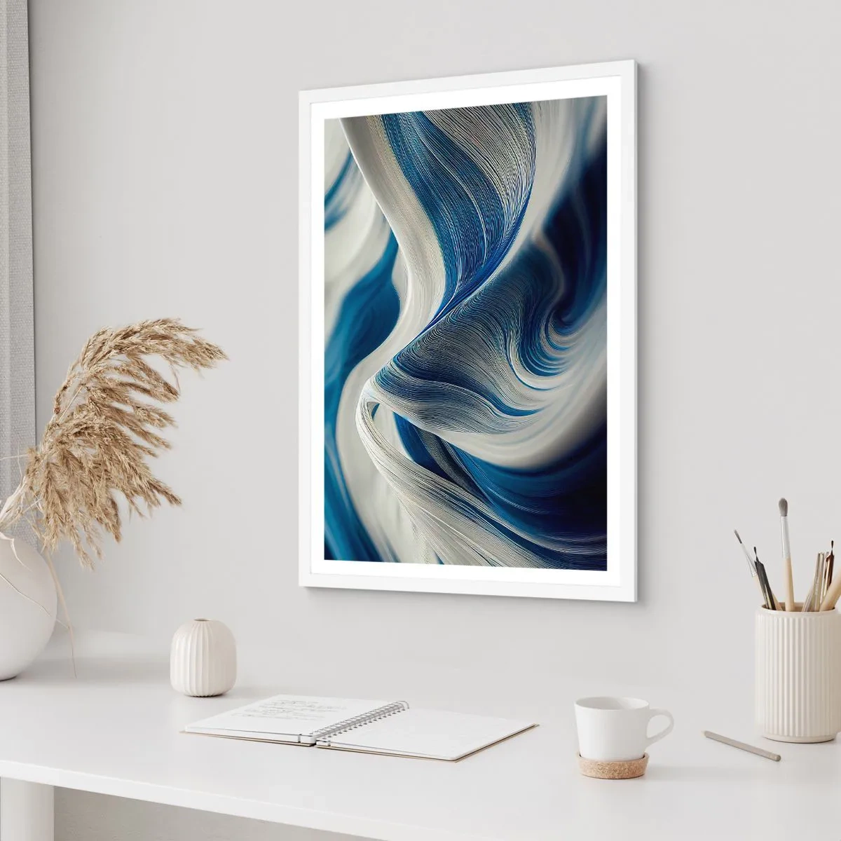 Poster in white frmae - Fluidity of Blue and White - 70x100 cm