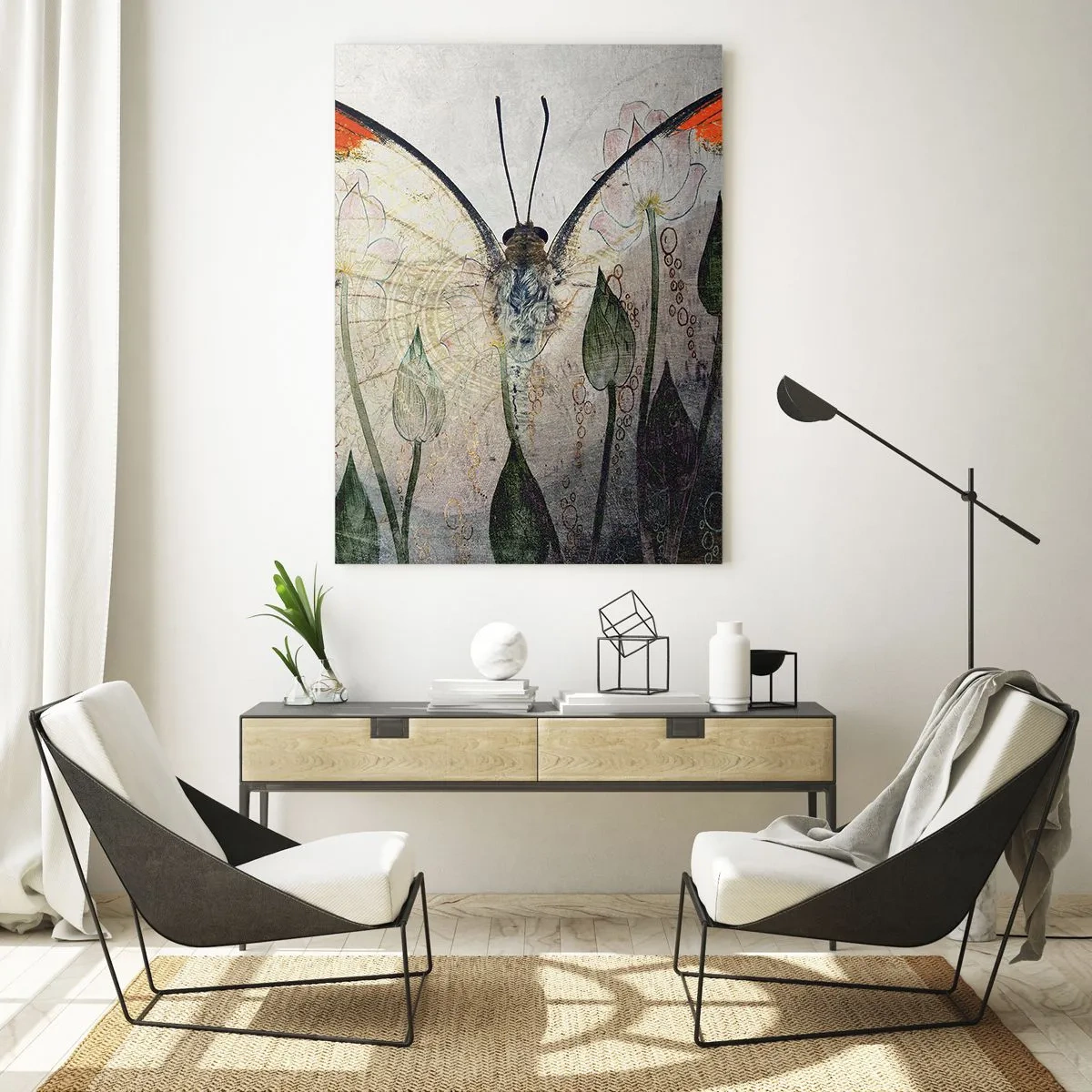 Glass picture - When a Butterfly is Swinging on the Grass - 50x70 cm