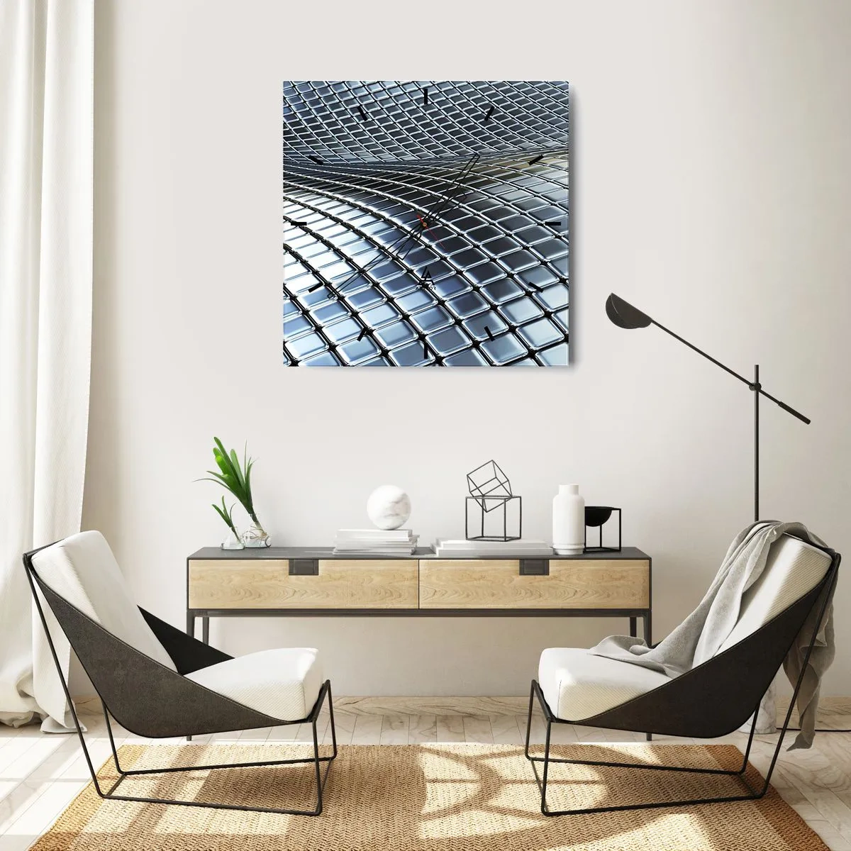 Wall clock - Clock on glass - Metallic Silver Wave - 30x30 cm