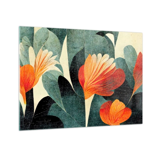 Glass picture - Orange flowers against a background of dark green leaves - 70x50cm - Heat of the Tropics, Coolness of the Ground - Modern wall decoration for the living room and bedroom ARTTOR
